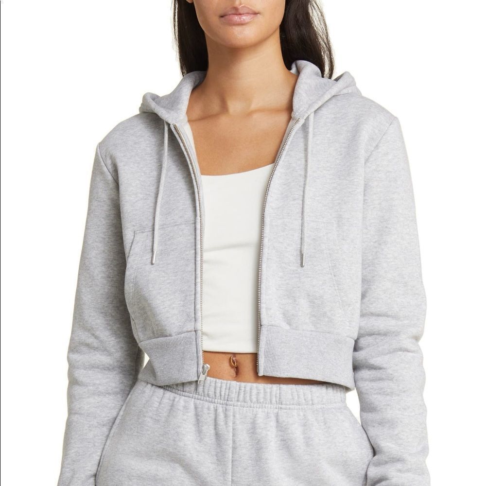 COTTON ON Crop Cotton Blend Zip-Up Hoodie Heather Grey ‎ SP NWT in packaging